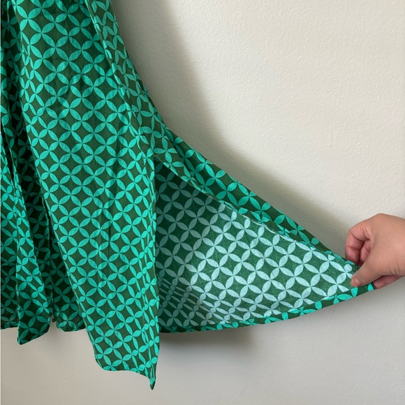 ITAMI Green Geometric Print Boho Style Belted Midi Button Linen Blend Dress - Picture 10 of 11